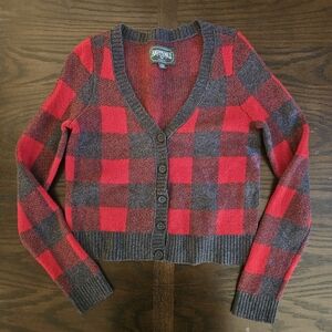 American Eagle Buffalo Plaid Red and Gray Button Cardigan Sweater Small